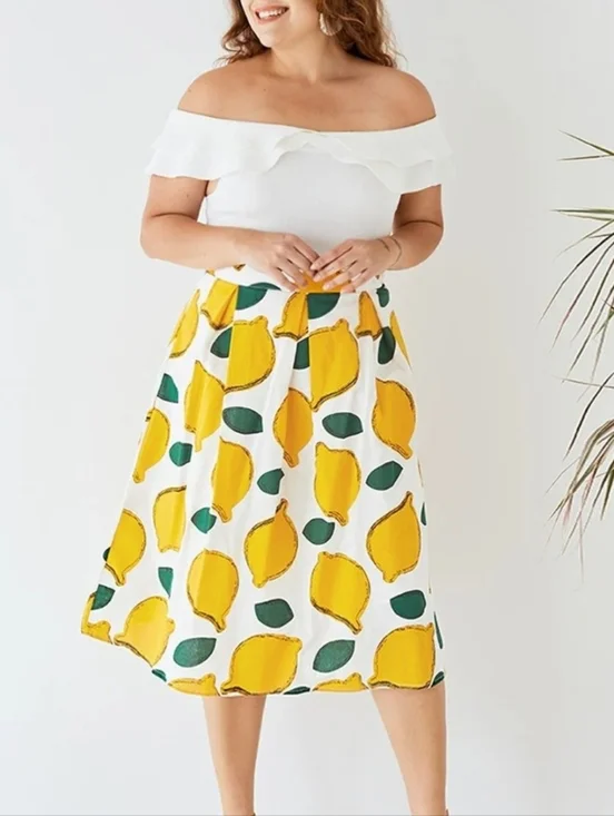 Chicwish White Midi Skirt with Yellow Lemon Print Medium - Picture 8 of 10